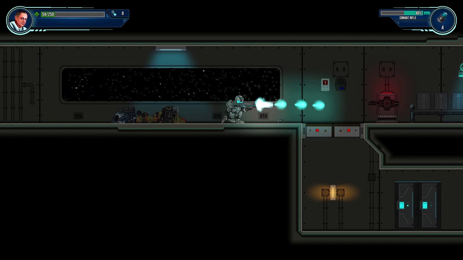 A screenshot of Omega Warp showing the player character in combat and exploring the space freighter.