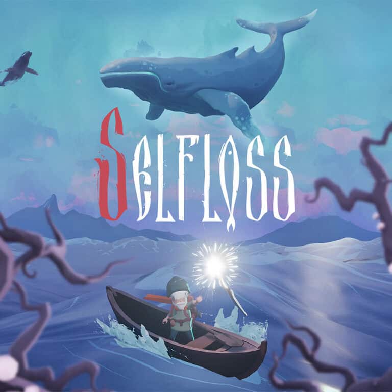The official artwork for adventure game Selfloss, showing a boy in a boat with a magic staff with a whale floating above him.