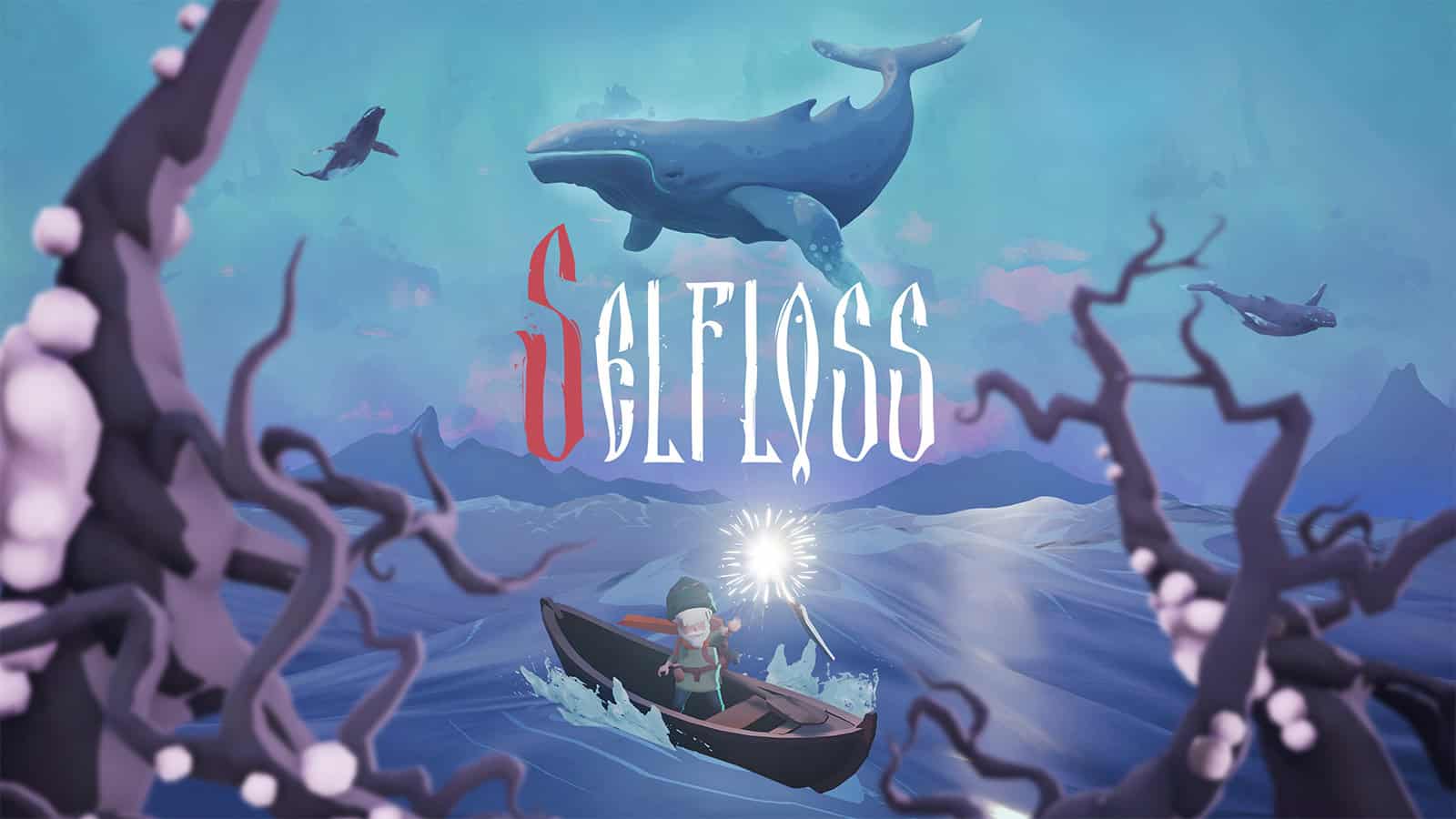 The official artwork for adventure game Selfloss, showing a boy in a boat with a magic staff with a whale floating above him.