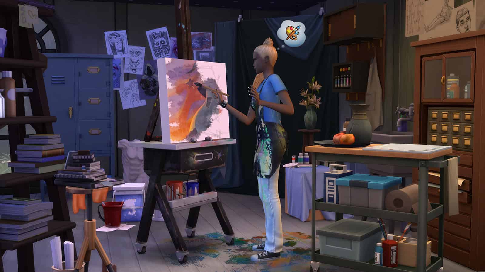 An official screenshot of The Sims 4 Artist Studio Kit, showing a look at some of the new objects coming in the Kit.