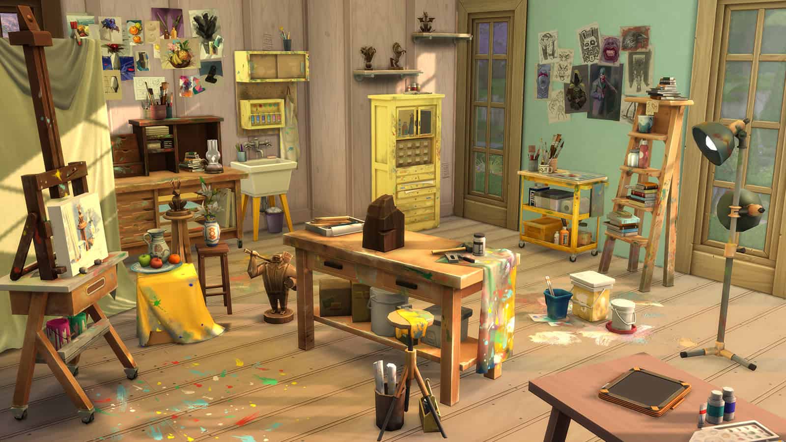 An official screenshot of The Sims 4 Artist Studio Kit, showing a look at some of the new objects coming in the Kit.