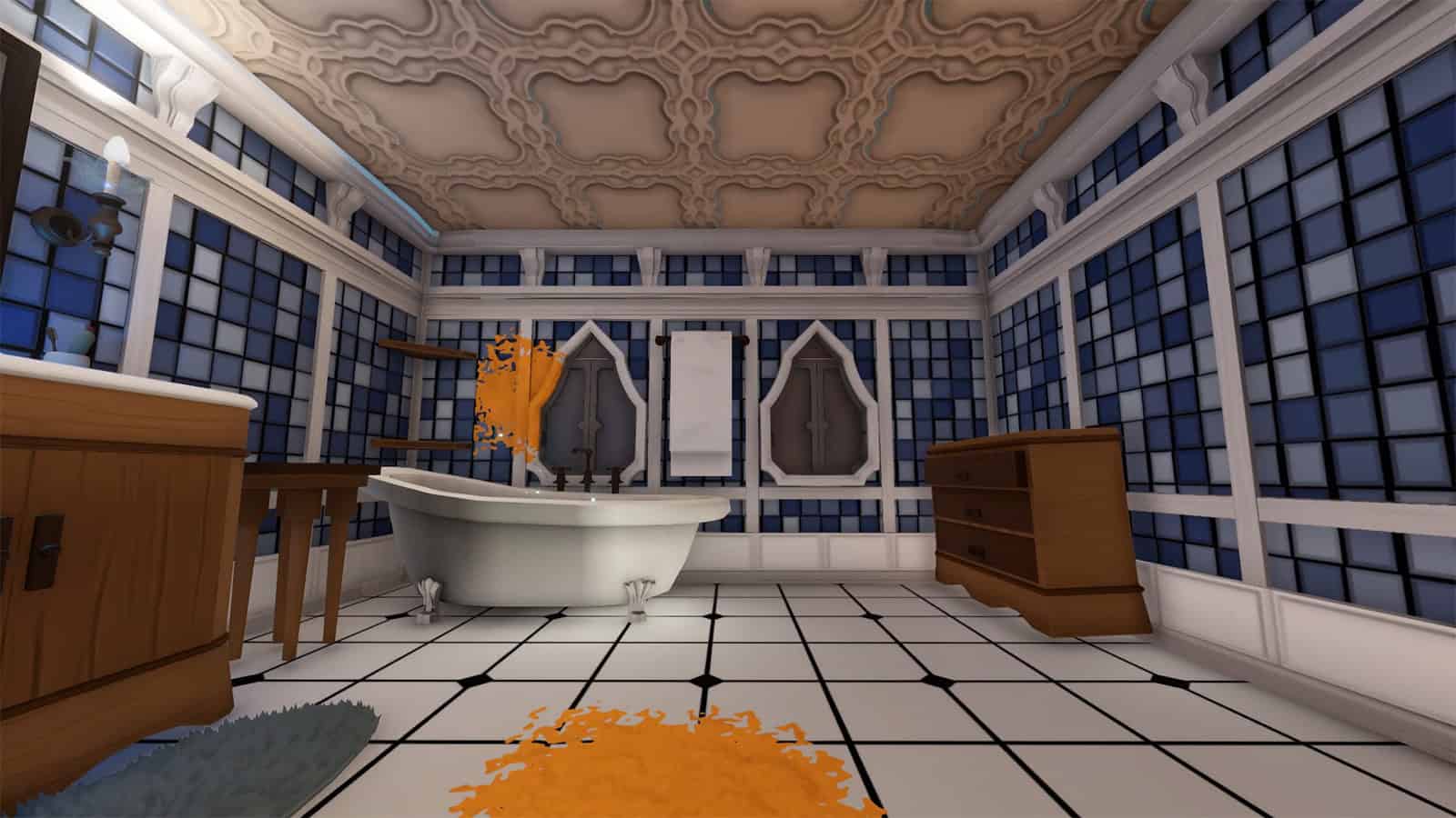 An official screenshot of Monster Mop Up that shows another unique environment - this time a bathroom - that you'll have to clean.