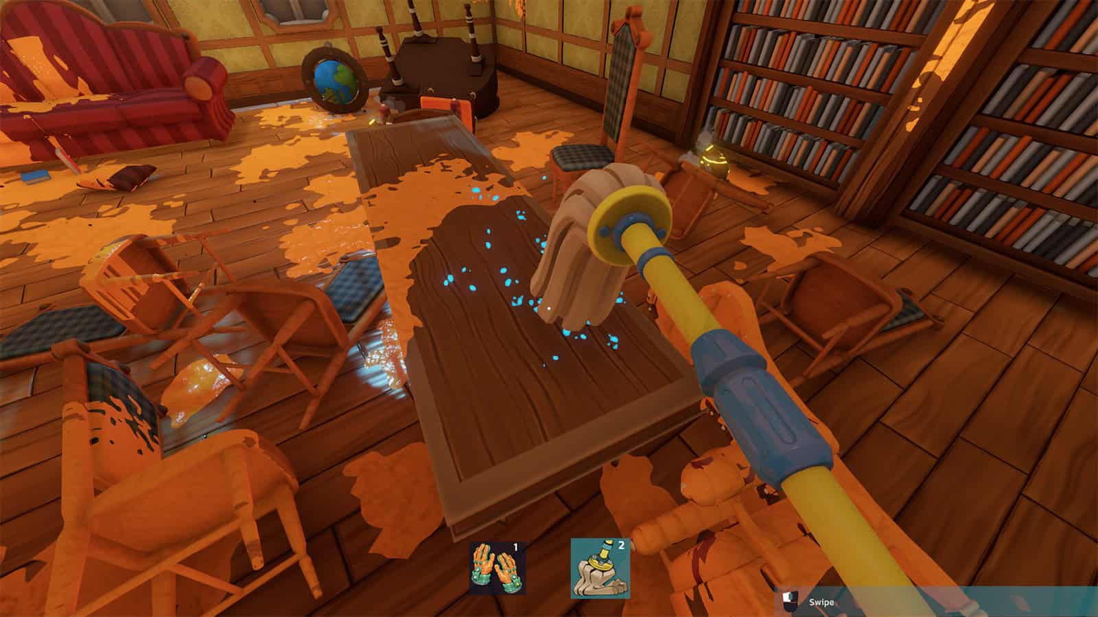 An official screenshot of Monster Mop Up that shows the player cleaning a table with a mop.