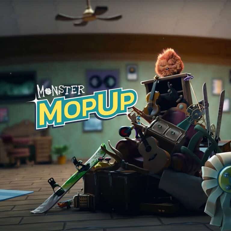 The official art for Monster Mop Up, showing a big mess and the mop you'll be using to clean things up.