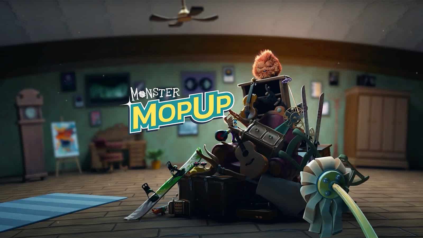 The official art for Monster Mop Up, showing a big mess and the mop you'll be using to clean things up.