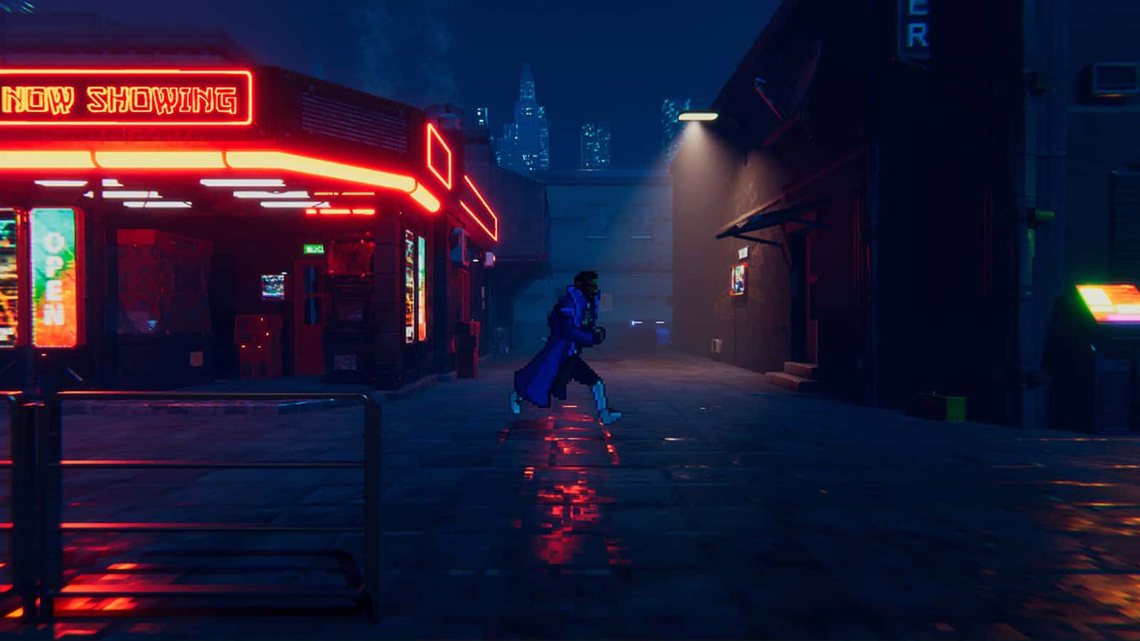 A screenshot of Neon Blood, showing Axel exploring the macropolis.