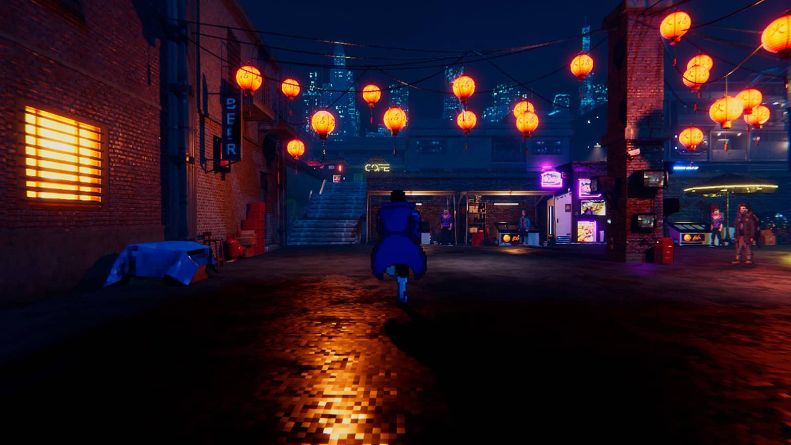 A screenshot of Neon Blood, showing Axel exploring the macropolis.