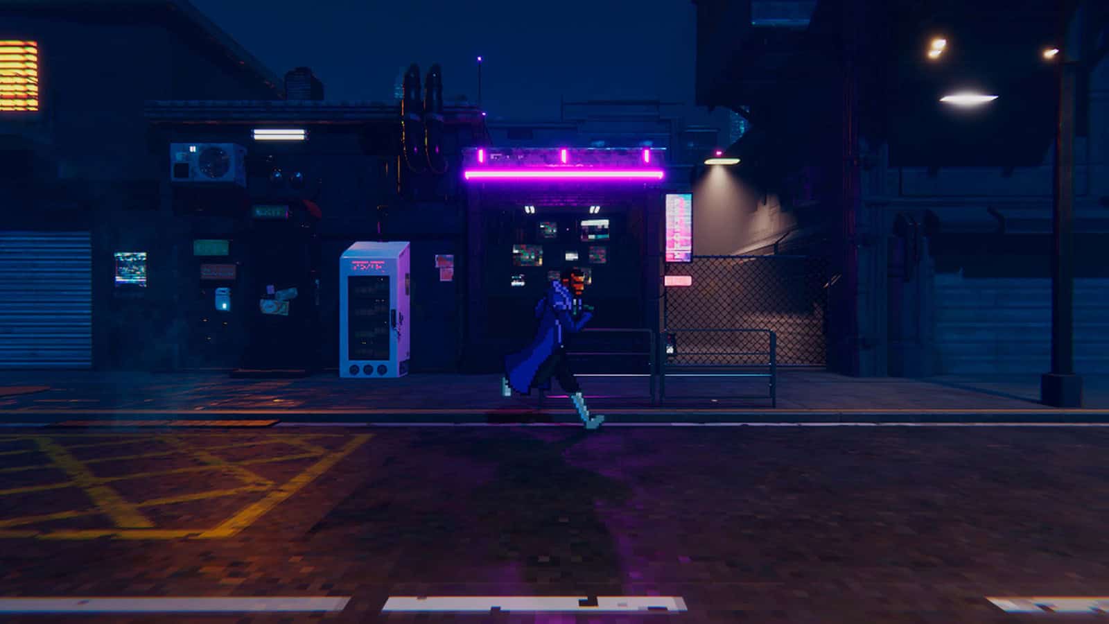 A screenshot of Neon Blood, showing Axel exploring the macropolis.