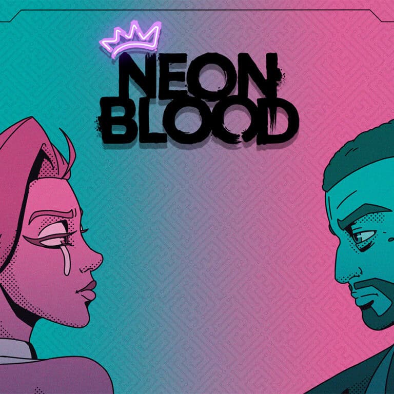 The official artwork for Neon Blood, featuring Axel and Ruby.