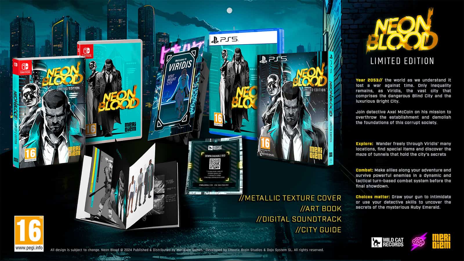 A look at the limited edition physical bundle of Neon Blood, including the art book, city guide, physical case, and more.