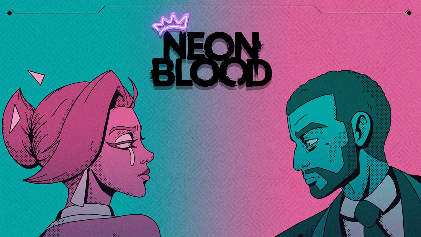 The official artwork for Neon Blood, featuring Axel and Ruby.