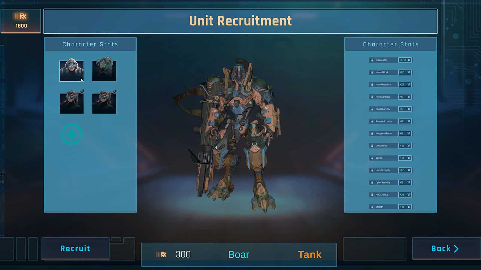 A screenshot of Neural Dominion showing you some of the units you can recruit.