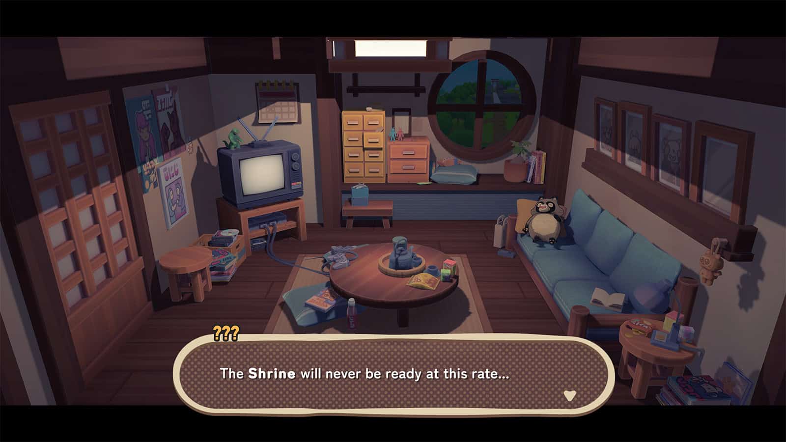 A screenshot of TANUKI: Pon's Summer showing the titular tanuki relaxing at home.