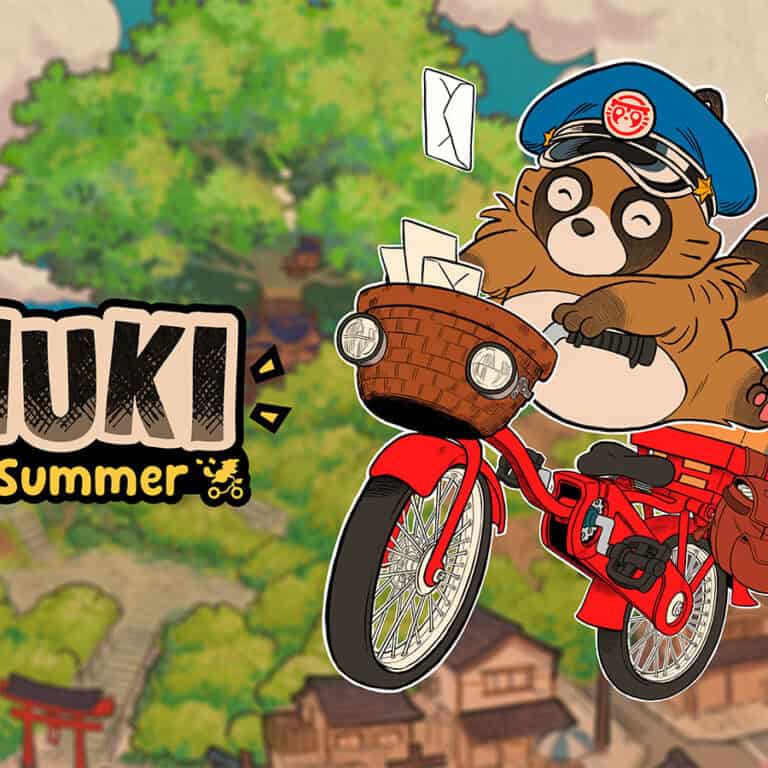 The official artwork for TANUKI: Pon's Summer, showing Pon on a bike.