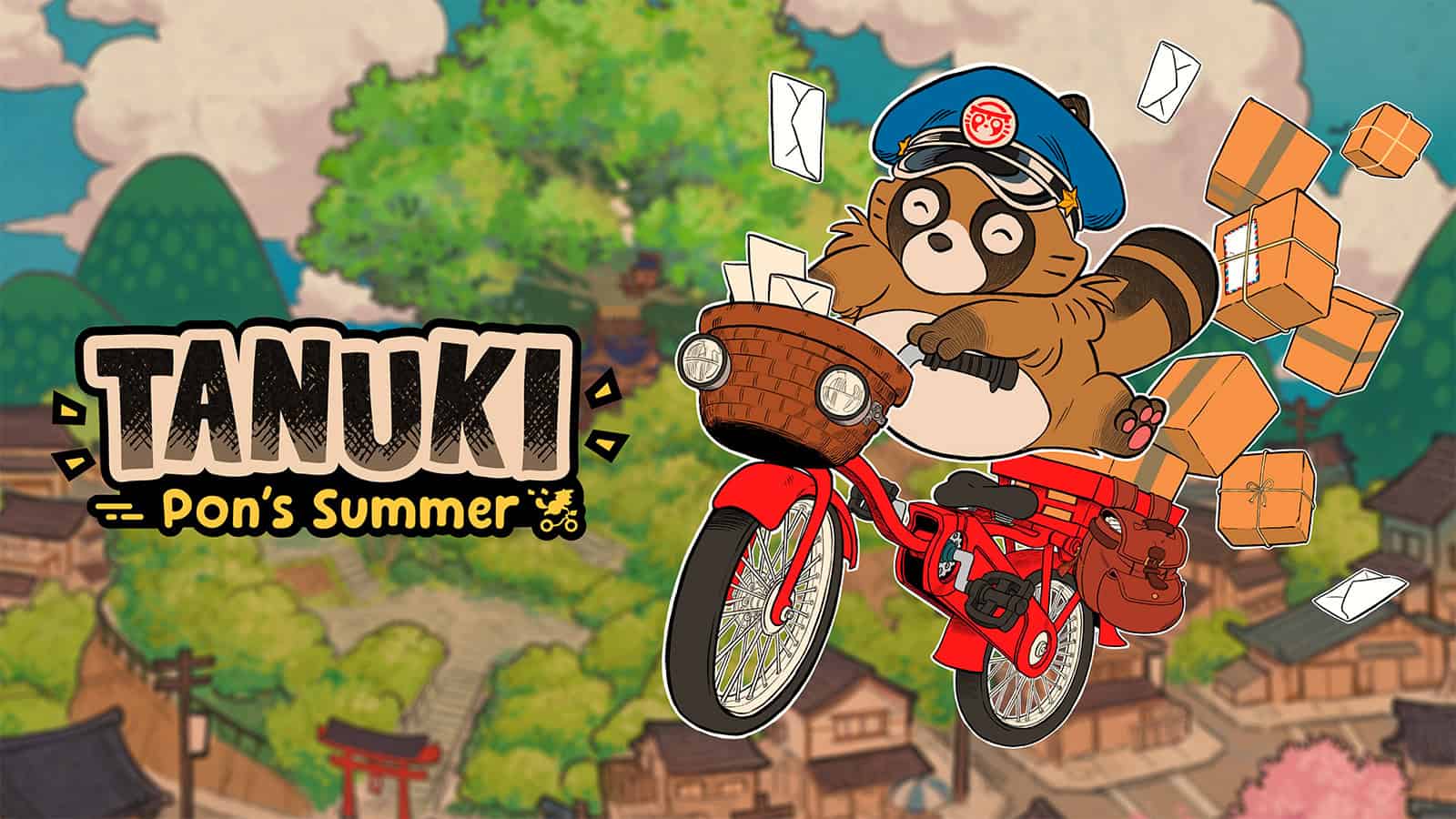 The official artwork for TANUKI: Pon's Summer, showing Pon on a bike.