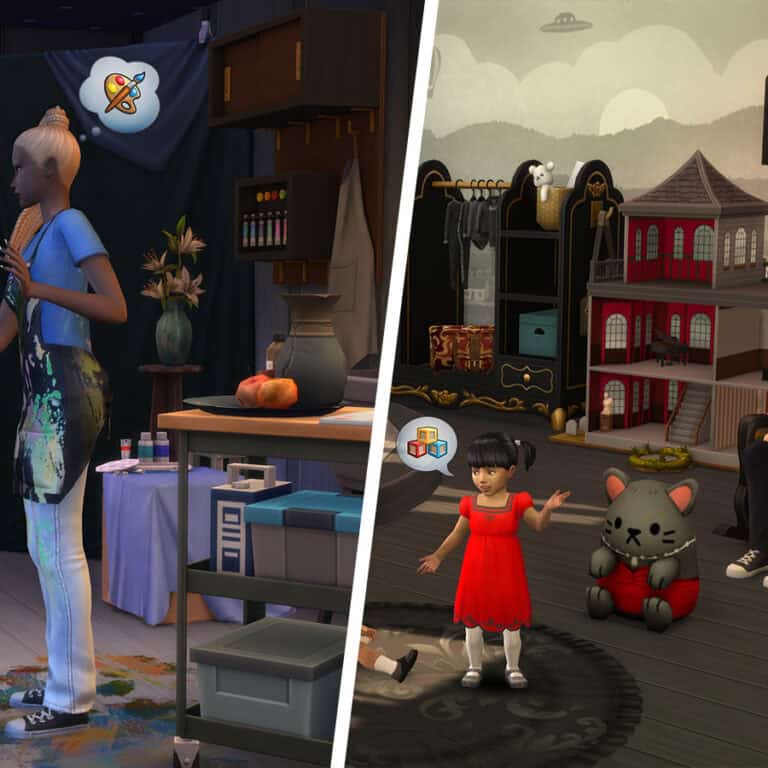 Crops of two screenshots from the Storybook Nursery and Artist Studio Kits for The Sims 4.
