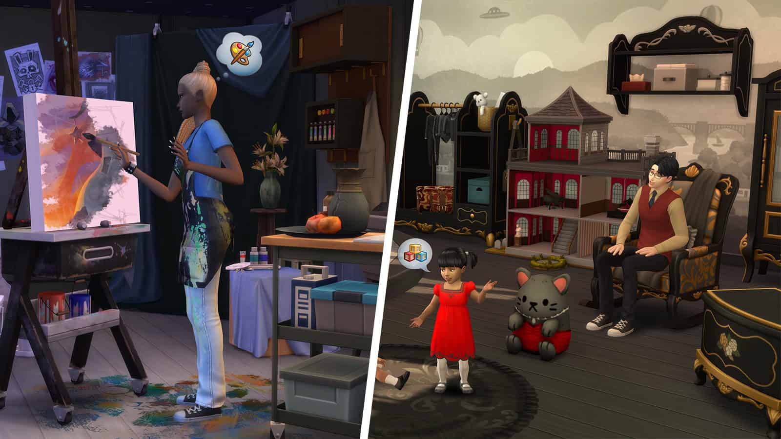 Crops of two screenshots from the Storybook Nursery and Artist Studio Kits for The Sims 4.