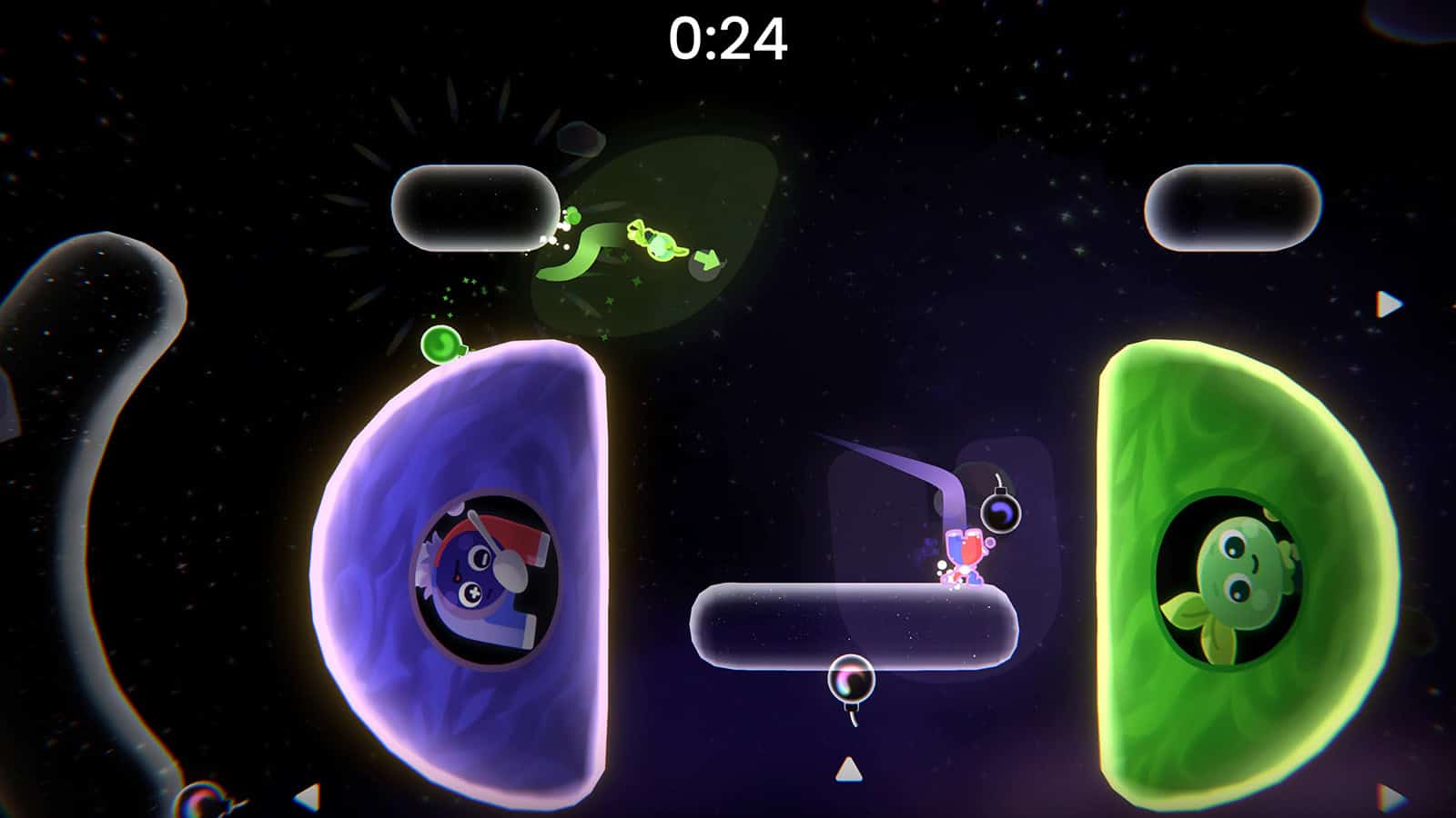 Another screenshot of Which Way Up: Galaxy Games, showing several Space Sprits competing to win.