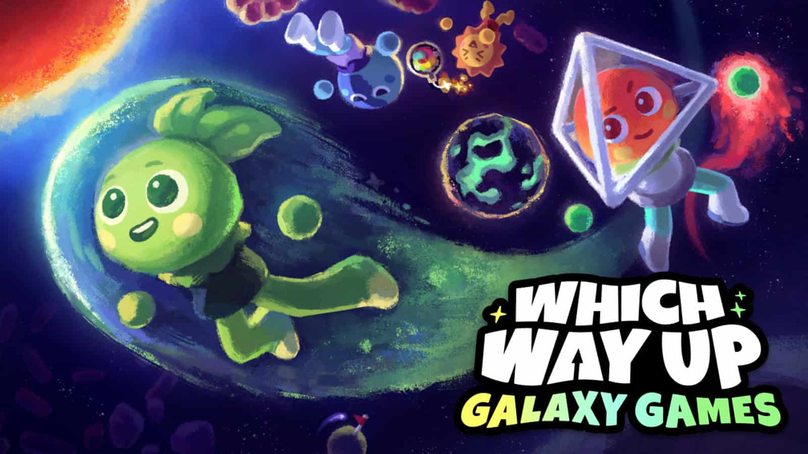 The official artwork for Which Way Up: Galaxy Games showing the Space Sprites competing.