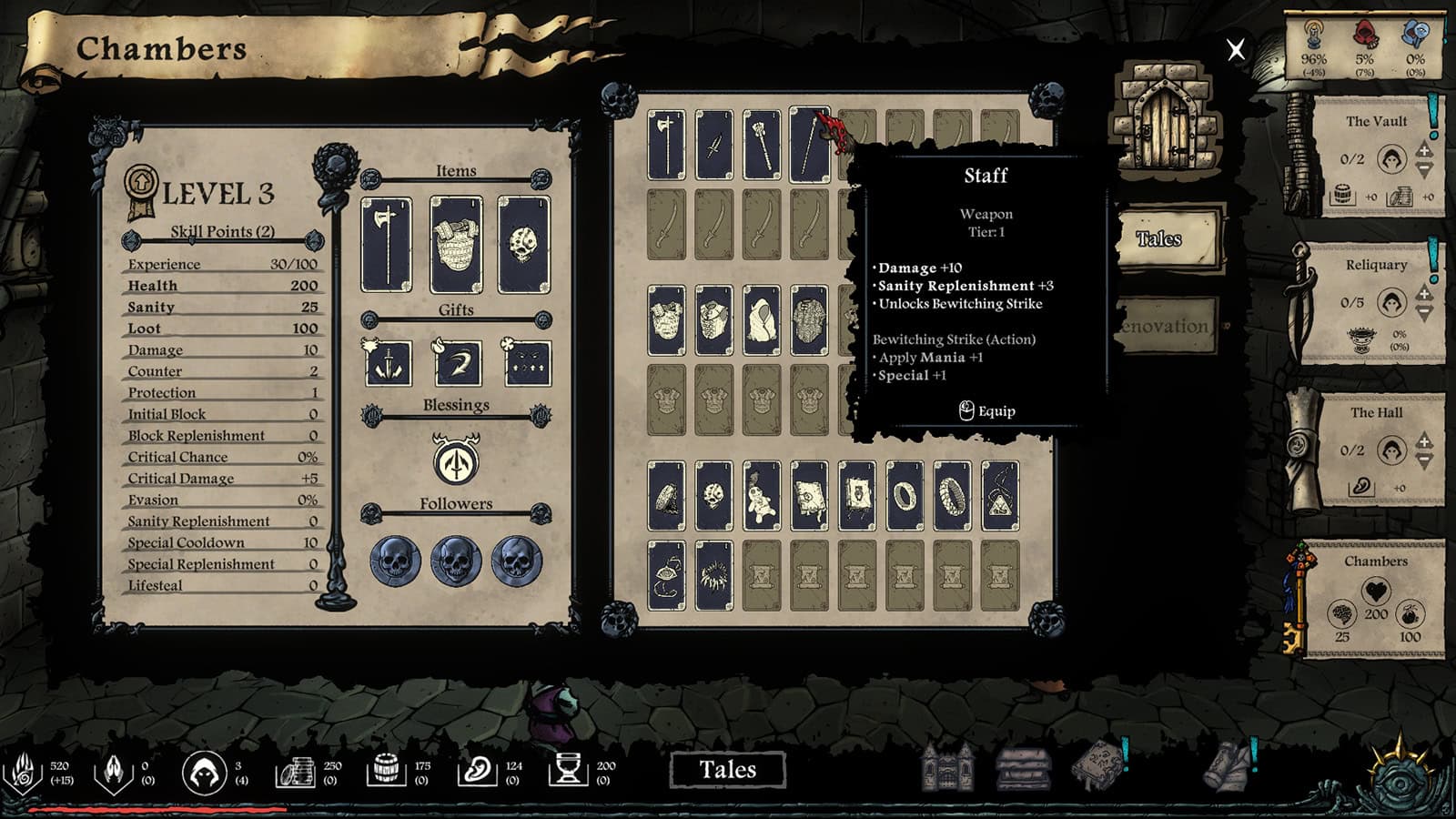 A screenshot of Whispers of the Eyeless showing some of the game systems.