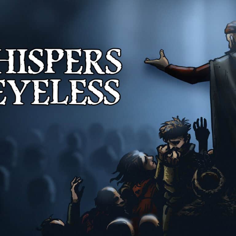 The official artwork for Whispers of the Eyeless, showing the player character running a cult