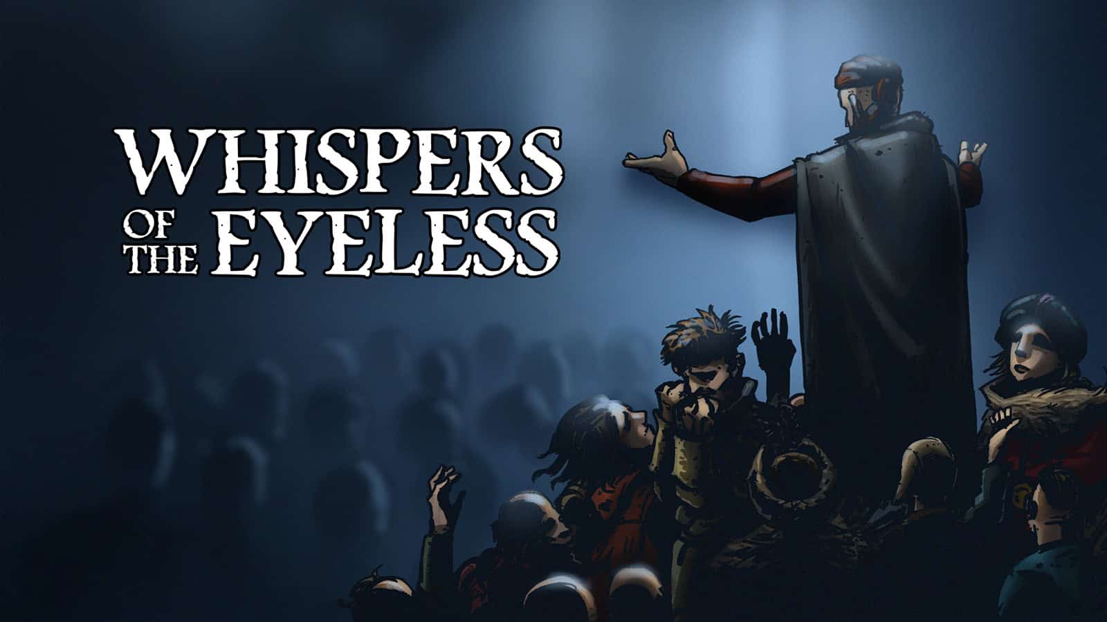 The official artwork for Whispers of the Eyeless, showing the player character running a cult