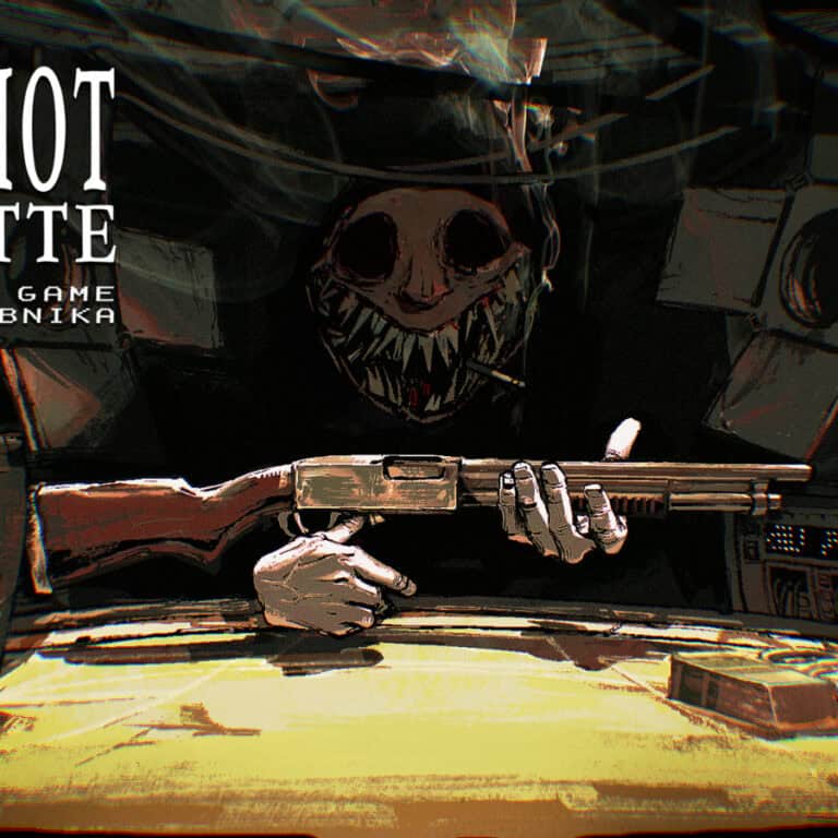 The official artwork of Buckshot Roulette, showing The Dealer in the nightclub.