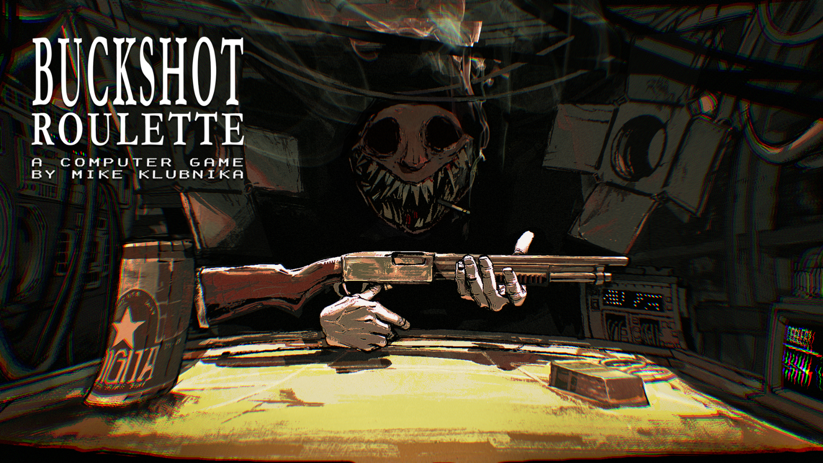 The official artwork of Buckshot Roulette, showing The Dealer in the nightclub.