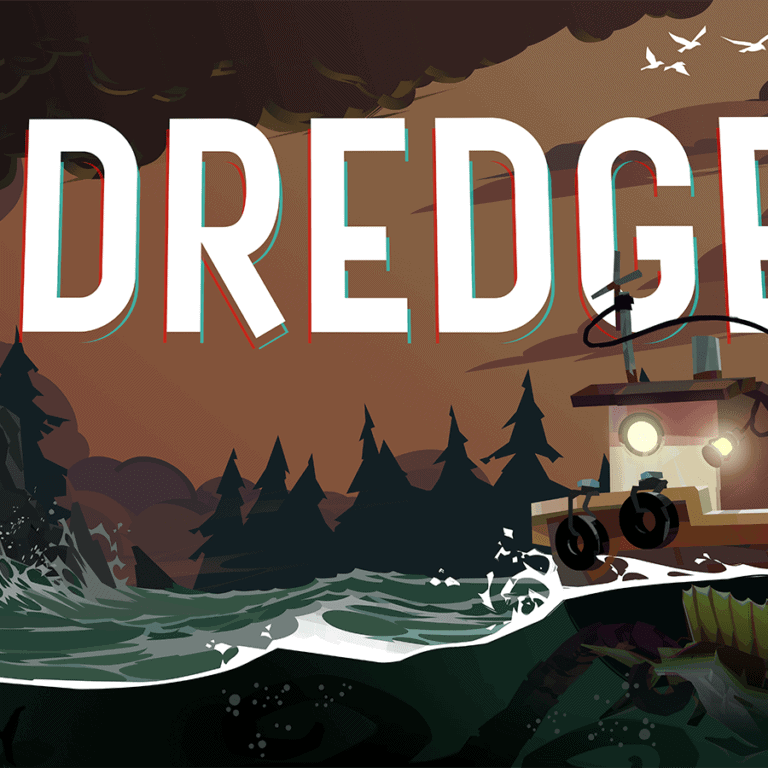The official artwork for Dredge, showing the Dredge boat in the sea with mutated fish.