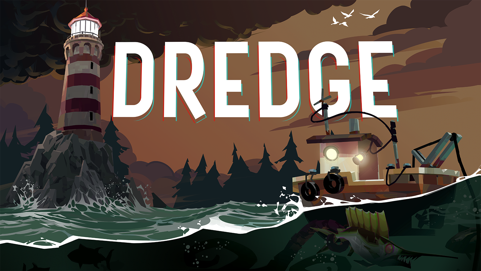 The official artwork for Dredge, showing the Dredge boat in the sea with mutated fish.