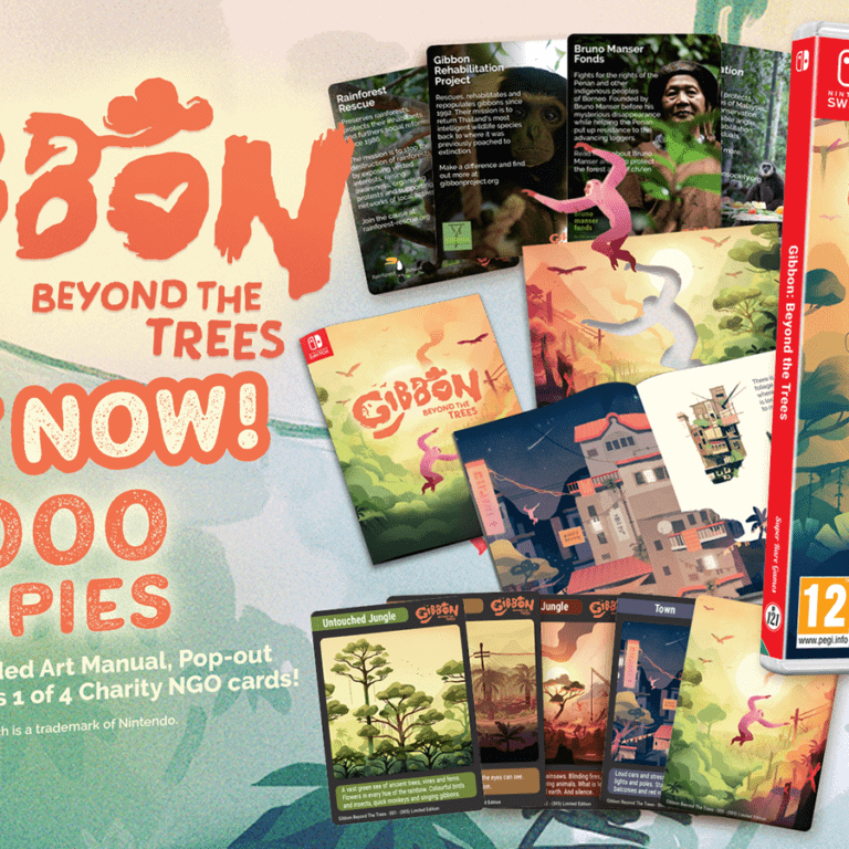 A look at the limited physical edition of Gibbon: Beyond The Trees, showing the physical game, manual, postcards, and more.