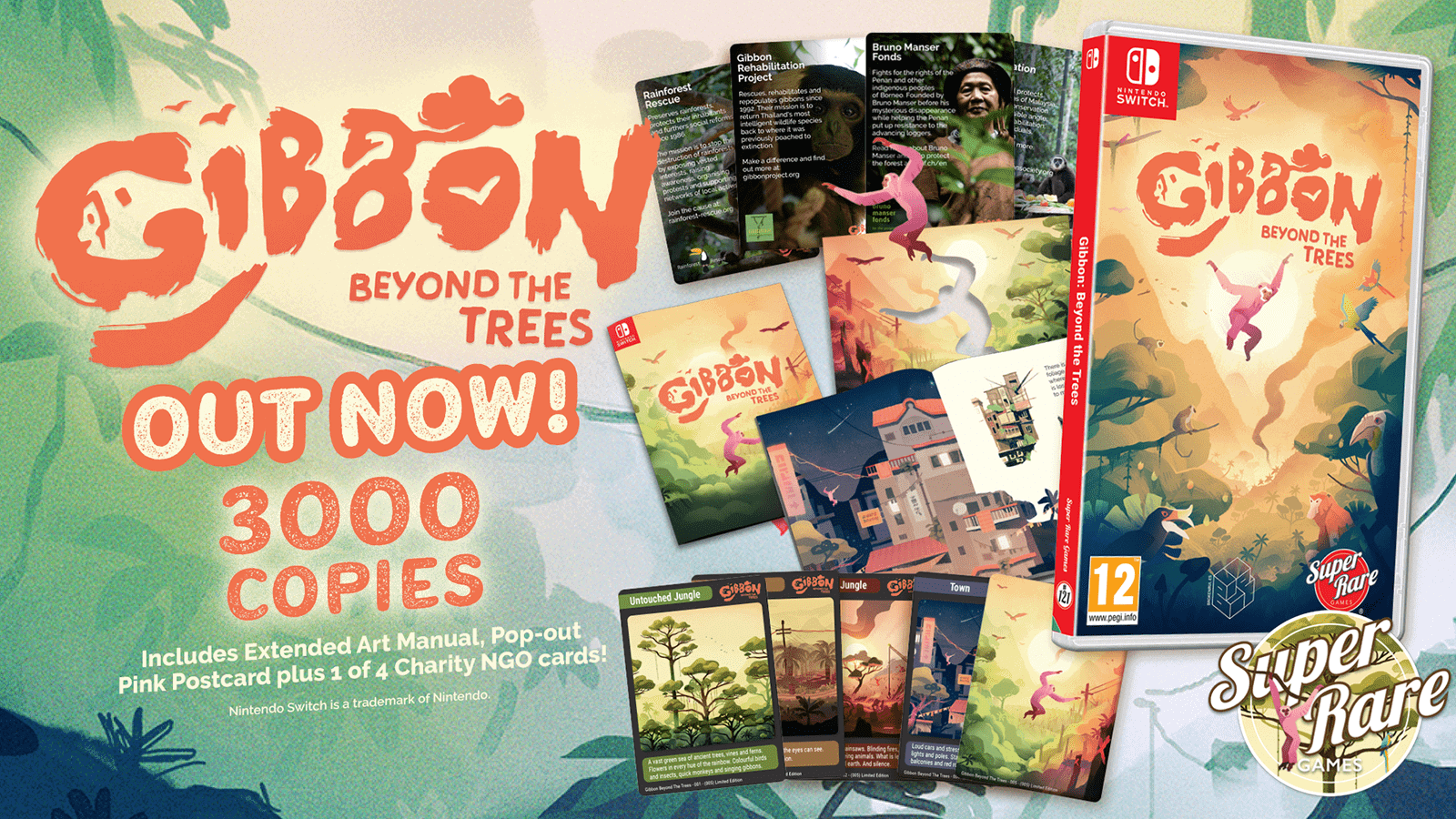 A look at the limited physical edition of Gibbon: Beyond The Trees, showing the physical game, manual, postcards, and more.