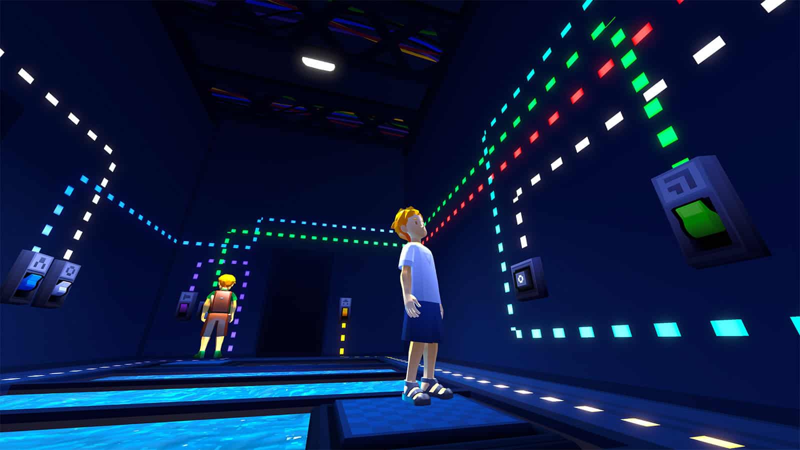 A screenshot of In Sink, showing the two playable characters attempting to solve a puzzle. 