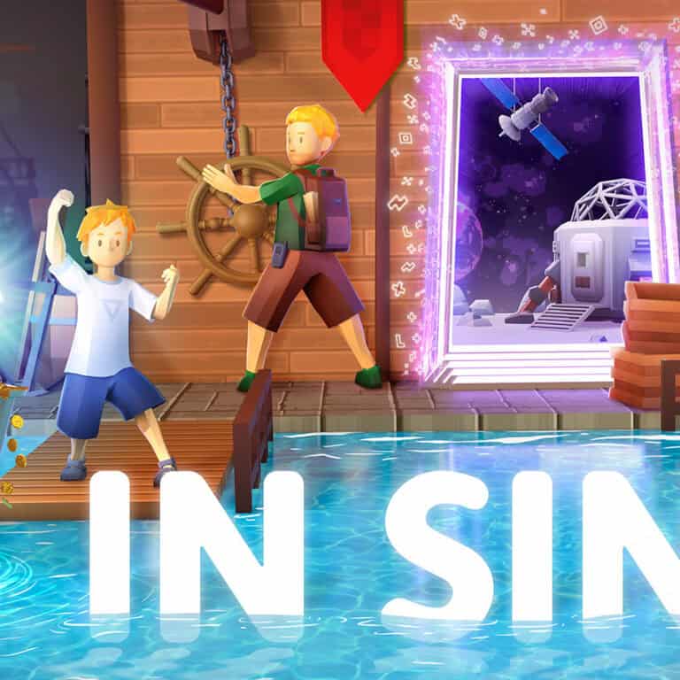 The official artwork for In Sink, showing the two playable characters stranded on an island and one of the portals to the game's unique environments.
