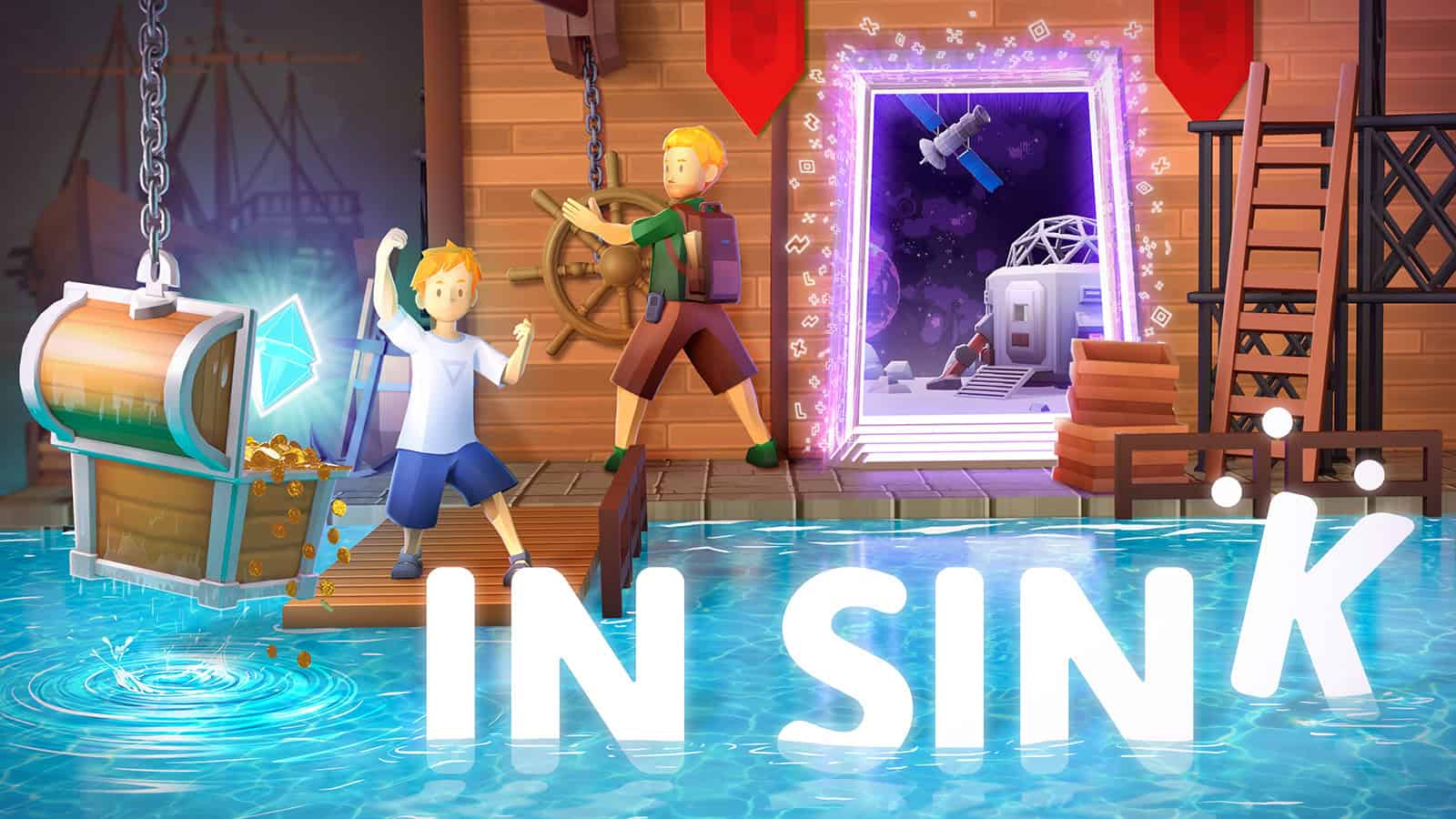 The official artwork for In Sink, showing the two playable characters stranded on an island and one of the portals to the game's unique environments.