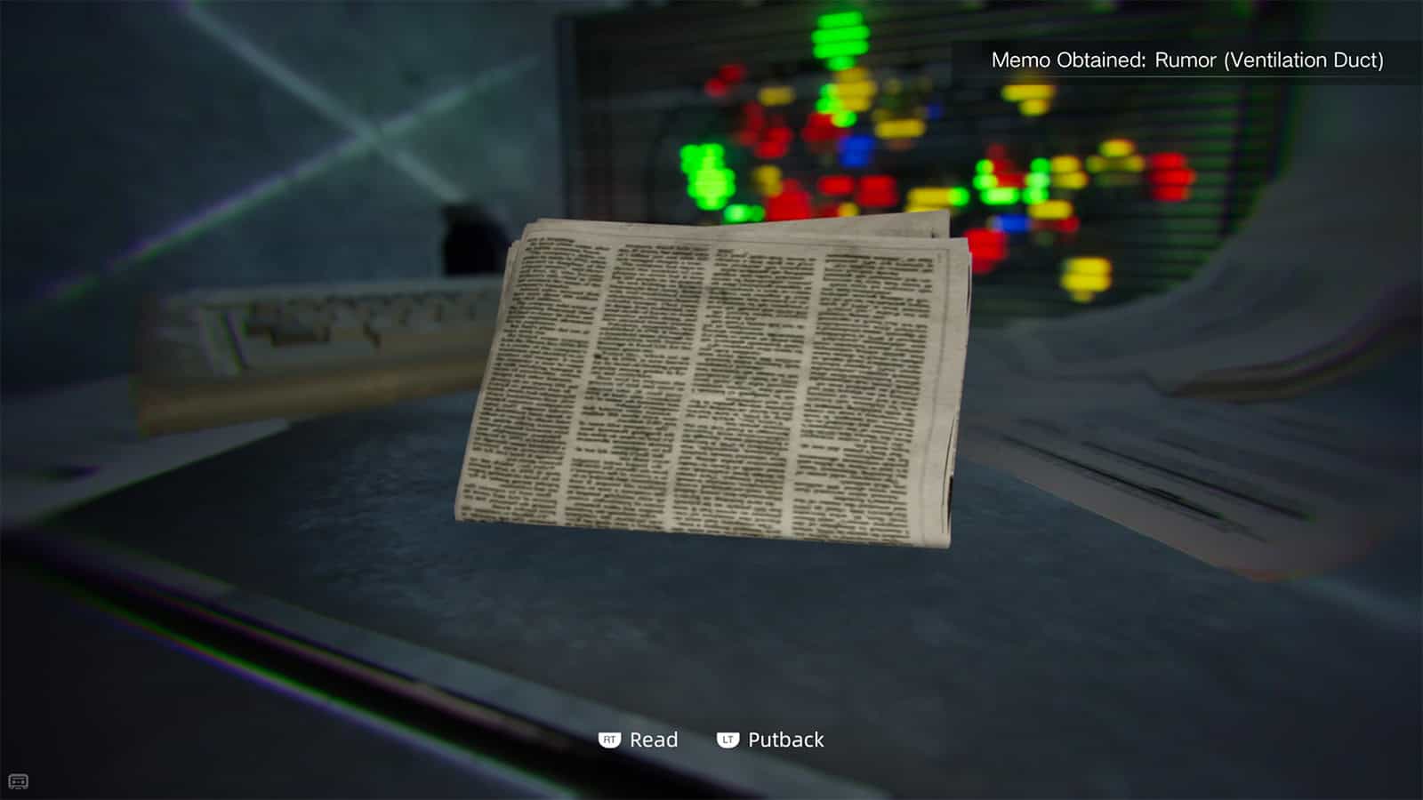 A screenshot of KARMA: The Dark World showing the readable newspaper in the vent.