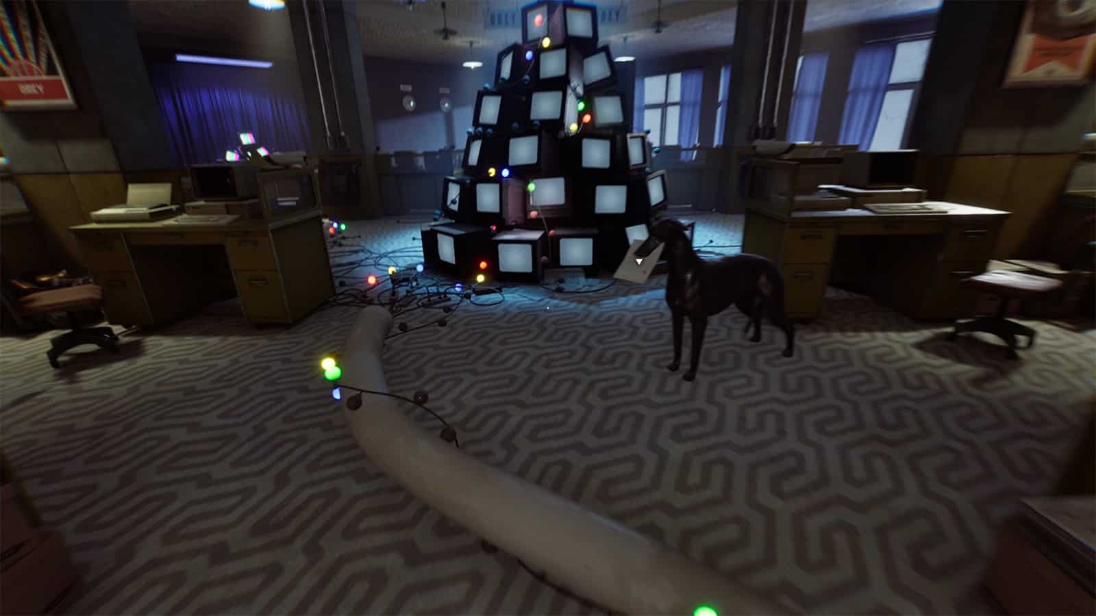 A screenshot of KARMA: The Dark World showing the mountain of televisions and statued dogs with lore notes.