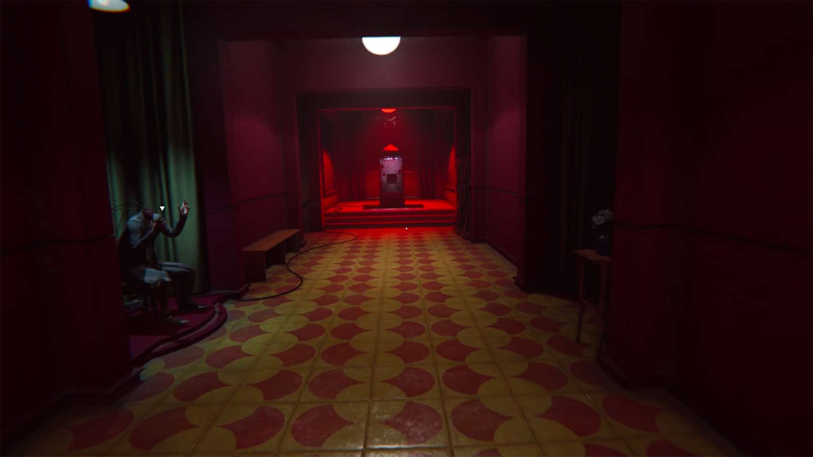 A screenshot from KARMA: The Dark World showing the hallway with a headless corpse and a television in a freezer.