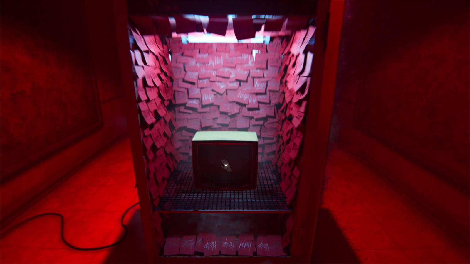 A screenshot of KARMA: The Dark World showing the television in a freezer.