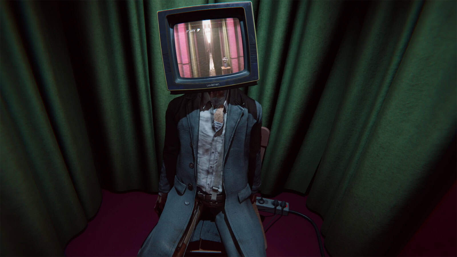 A screenshot of KARMA: The Dark World, showing me screwing a television onto the headless body of a person.