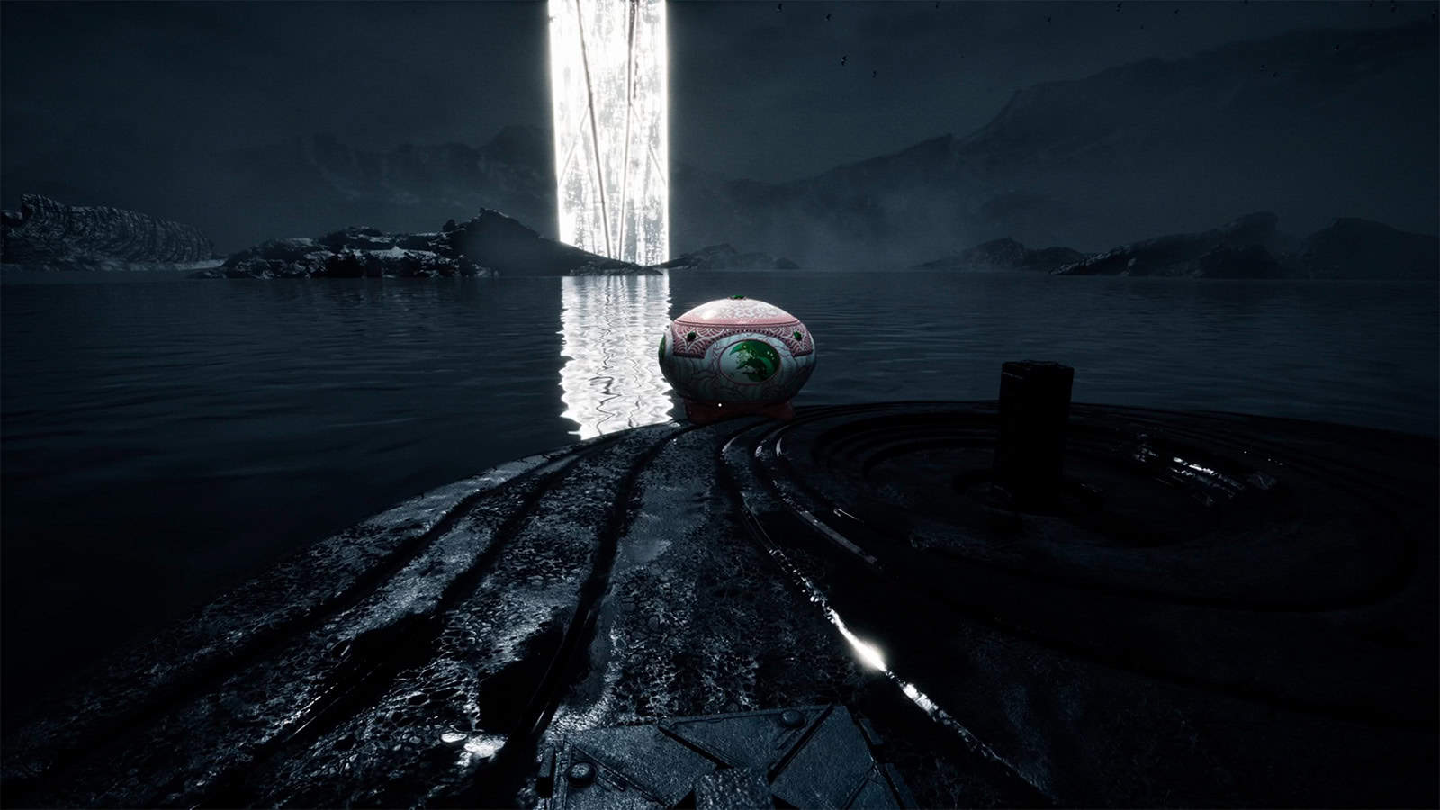 A screenshot of KARMA: The Dark World showing the pink music box coming out of an altar in an alternative dimension.