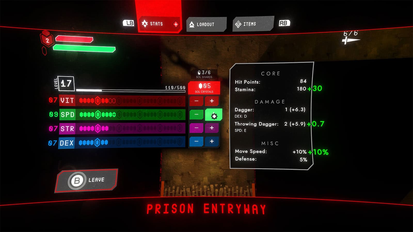 A screenshot of Void Sols showing the upgradeable stats system.