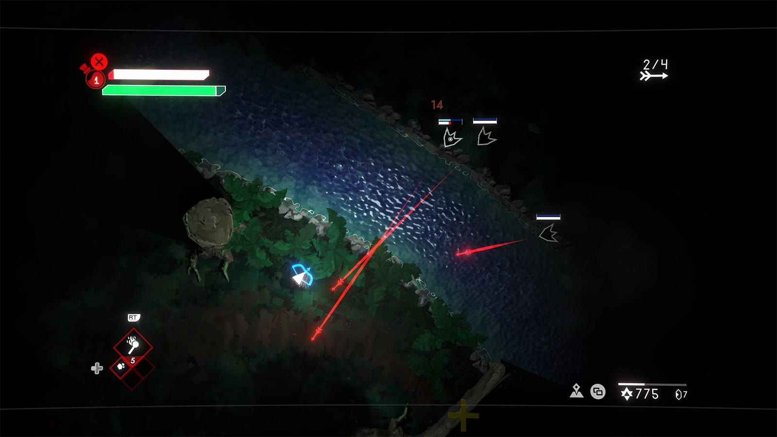 A screenshot of Void Sols showing the triangle fighting against angular enemies. 