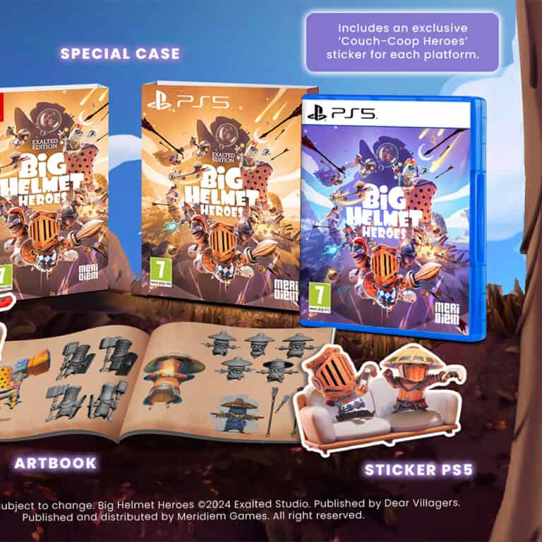 An image of the physical edition of Big Helmet Heroes, showing the new case, art book, and stickers for PS5 and Switch.
