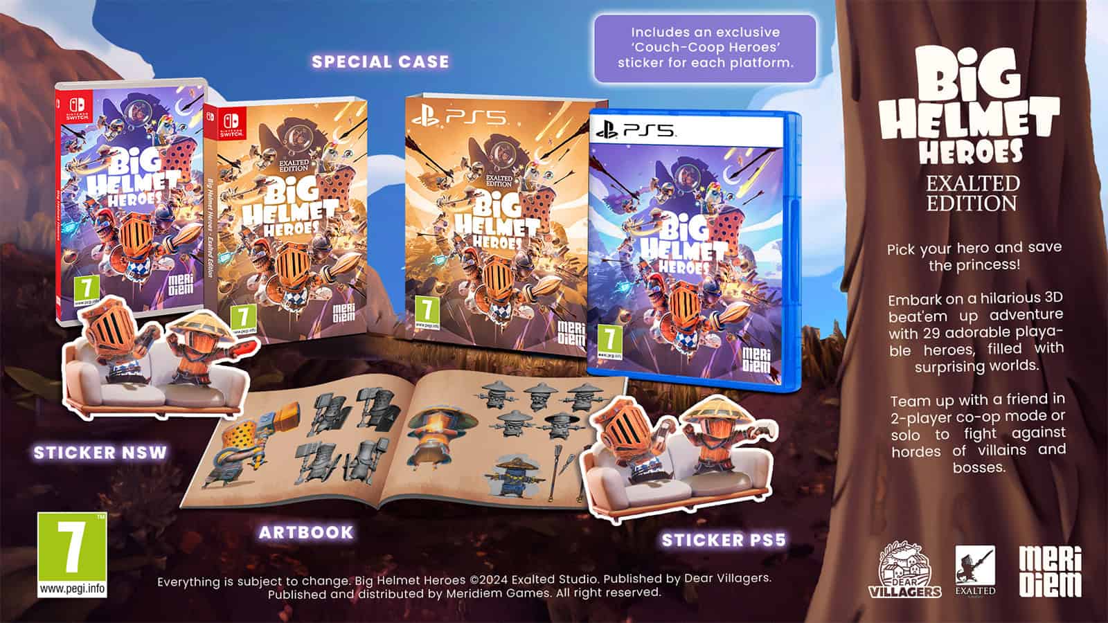 An image of the physical edition of Big Helmet Heroes, showing the new case, art book, and stickers for PS5 and Switch.