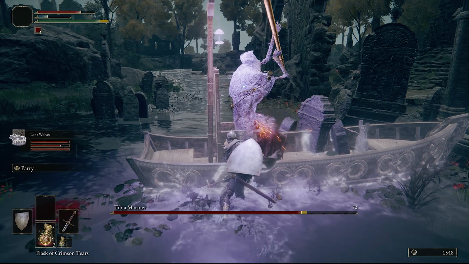 A screenshot from Elden Ring, showing my character fighting a boss in Limgrave.