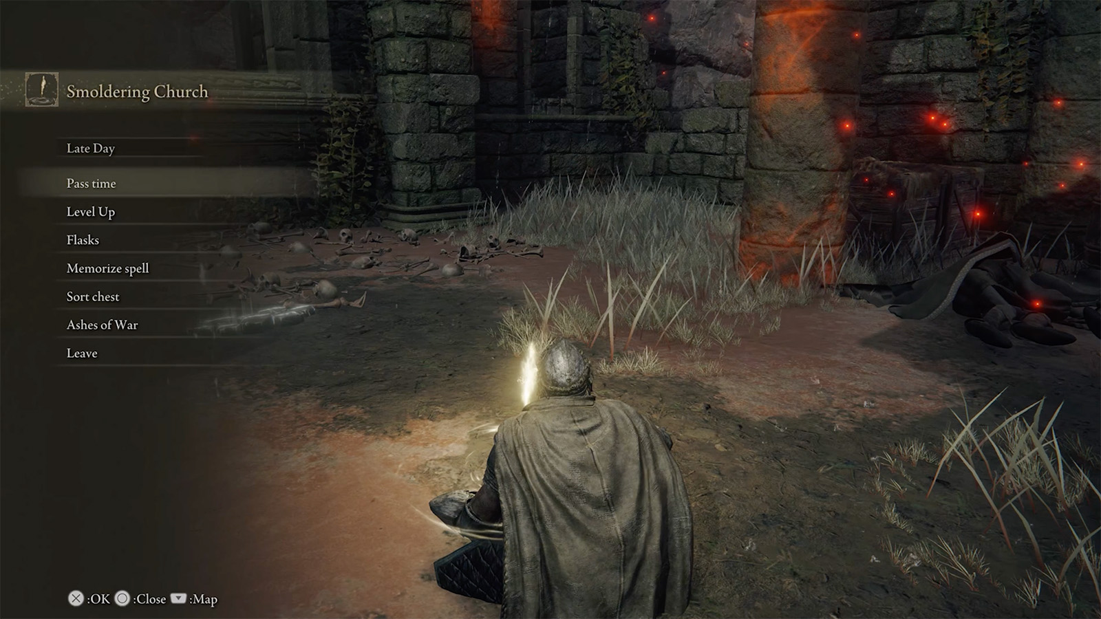 A screenshot from Elden Ring, showing my character sitting at a Site of Grace with the Level Up option selected.