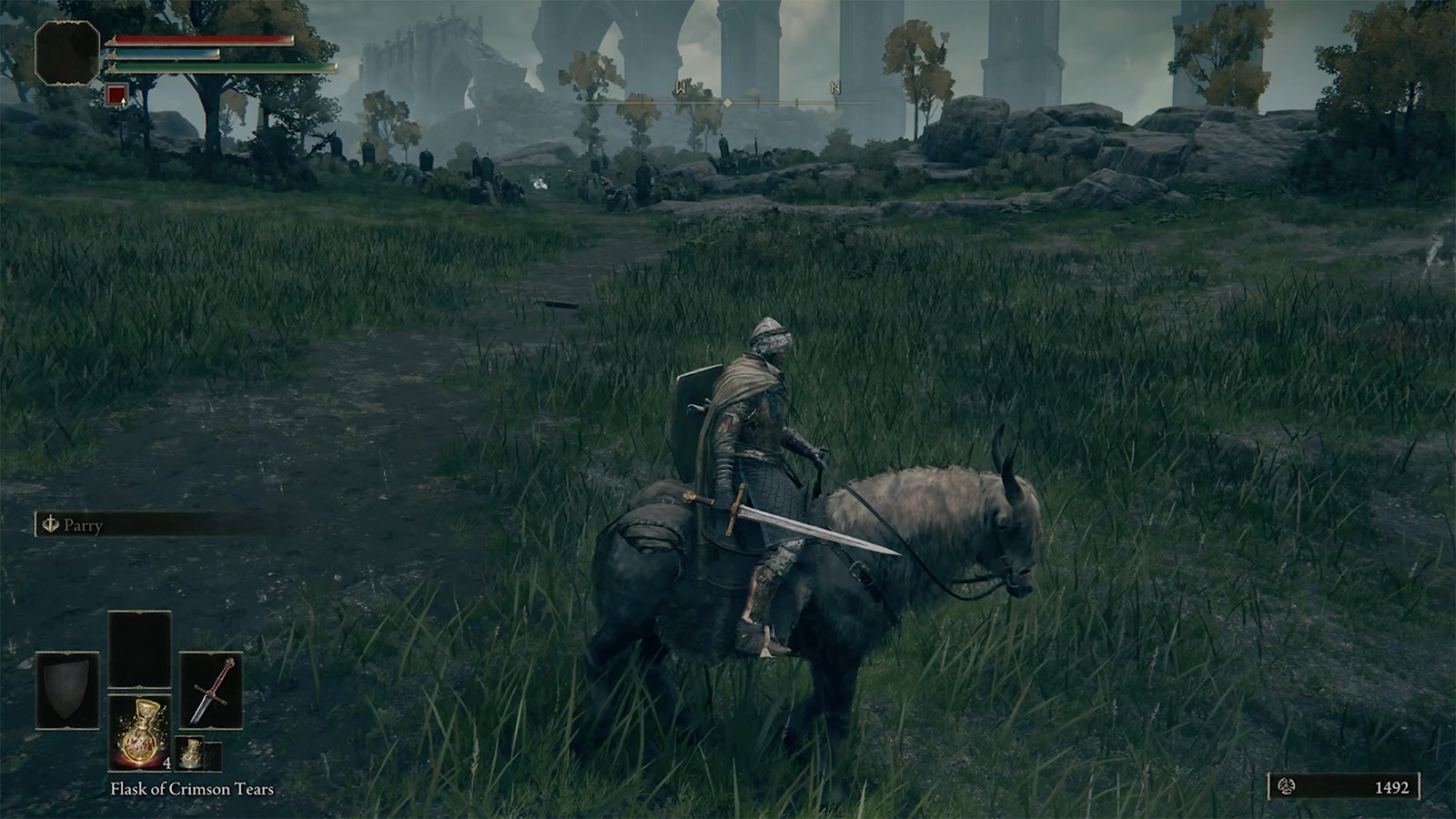 A screenshot from Elden Ring, showing my character riding Torrent in Limgrave. 