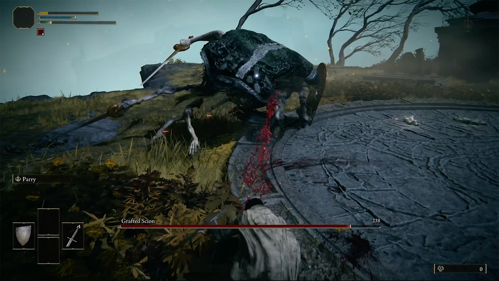 A screenshot from Elden Ring showing the Grafted Scion boss fight at the Chapel Of Anticipation.