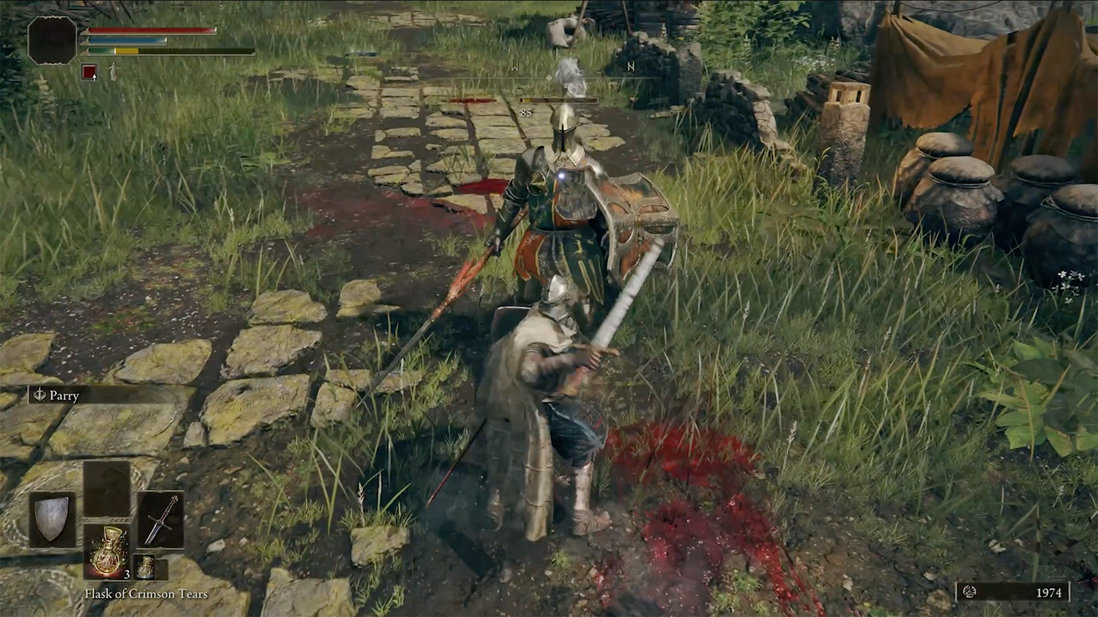 A screenshot from Elden Ring showing a camp in Limgrave.